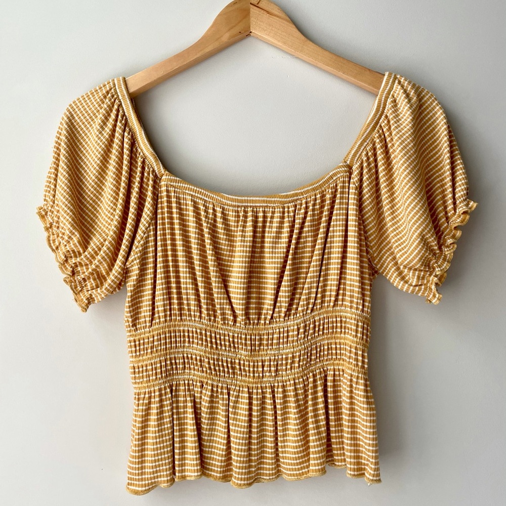Striped Yellow Puff Sleeve Crop Top